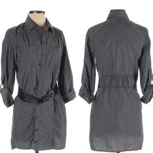 Anthropologie Heartloom Grey Striped Tunic Collared Shirt Belted Size Small Boho